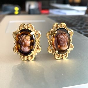 Vintage Florenza Amber Cameo Clip-on Earrings